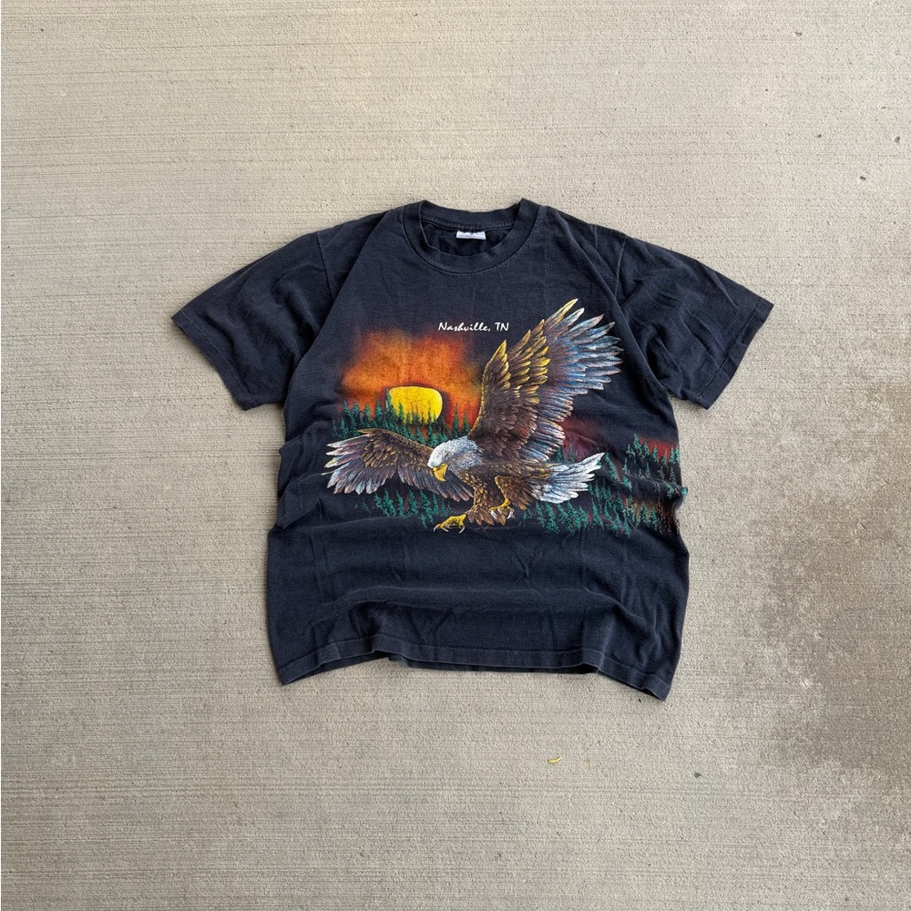 Vintage Bald Eagle All Over Print T-Shirt Size Large Single Stitch Black 90s